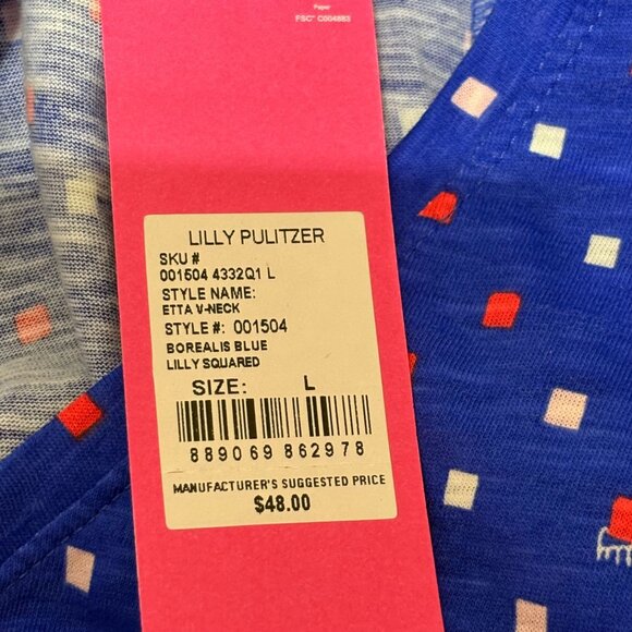 Lilly Pulitzer Etta V-Neck T-Shirt L Borealis Blue Lilly Squared Print NWT - Picture 2 of 2